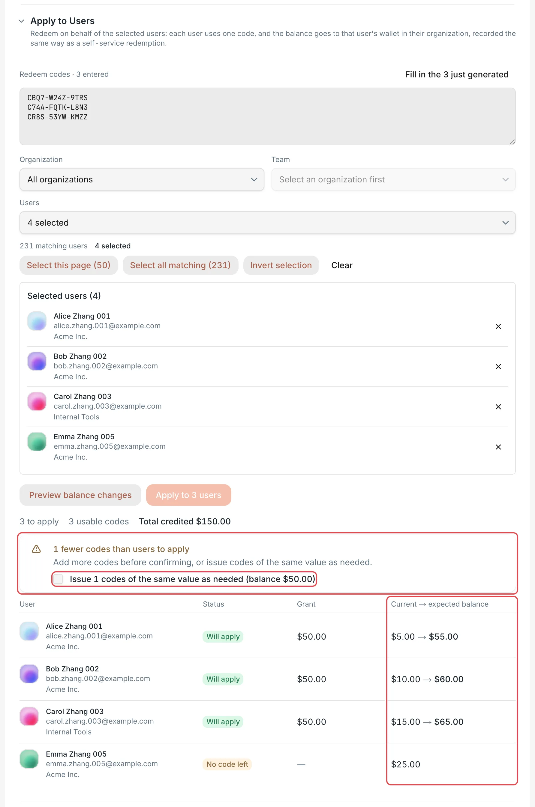 Apply to Users: the preview and the code shortfall notice