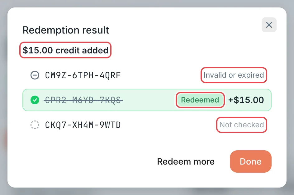 Redeem a Code: redemption results for several codes