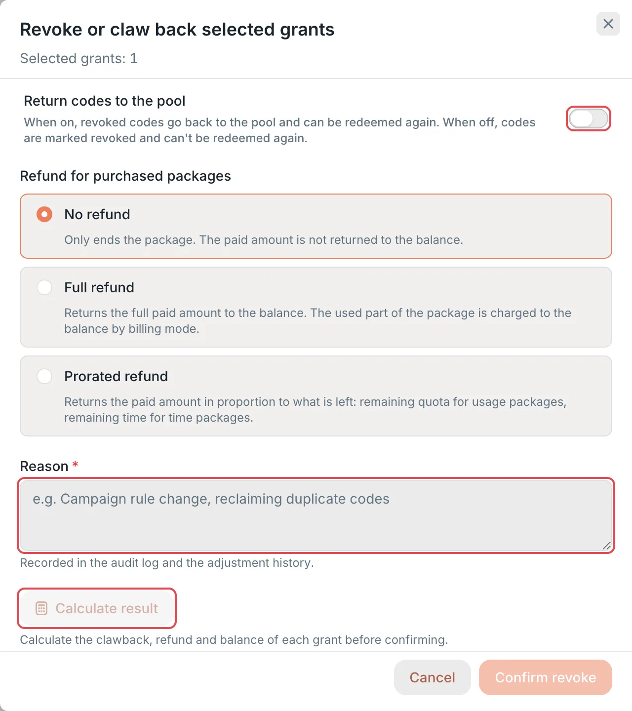 Revoke or claw back selected grants: the Return codes to the pool toggle