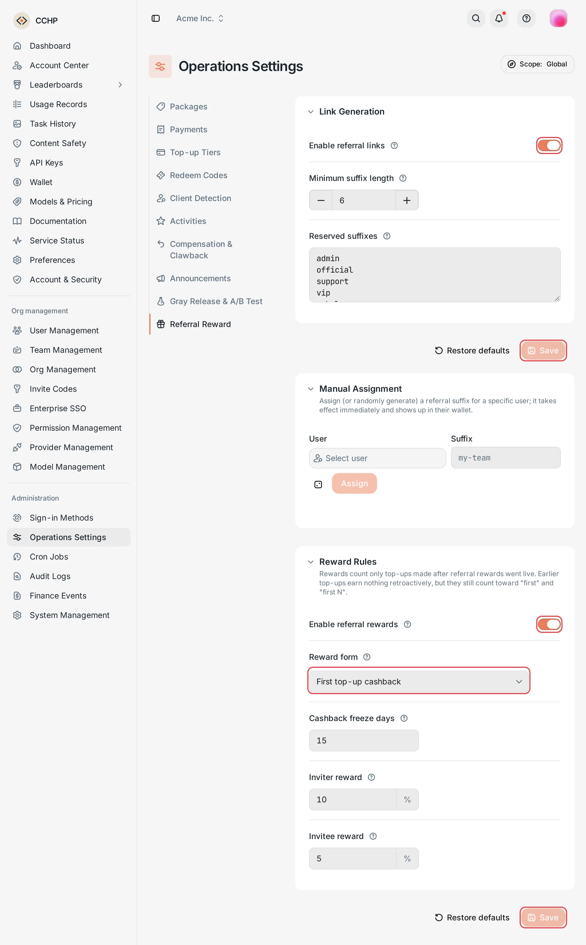 Referral Reward: link generation and reward rules
