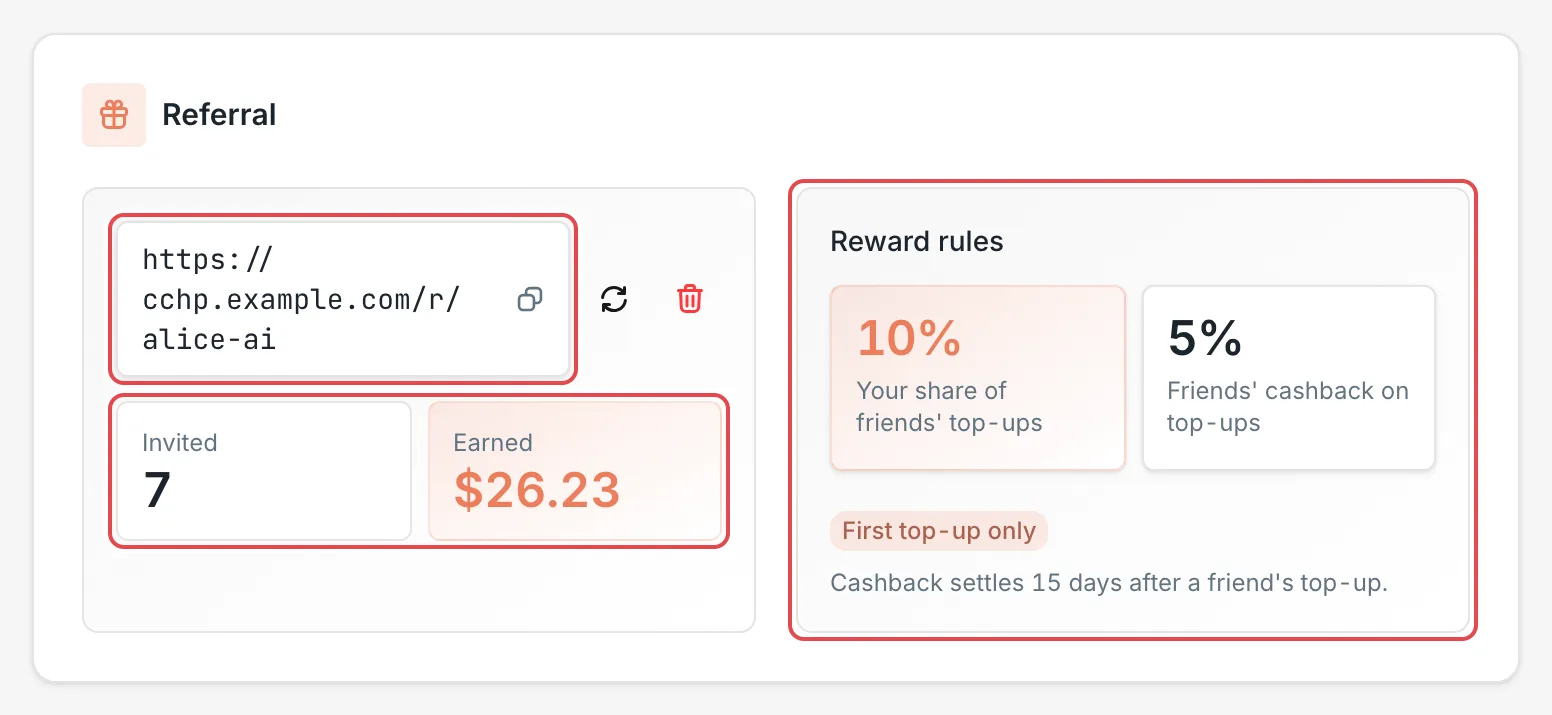 Wallet referral card: the referral link and reward rules