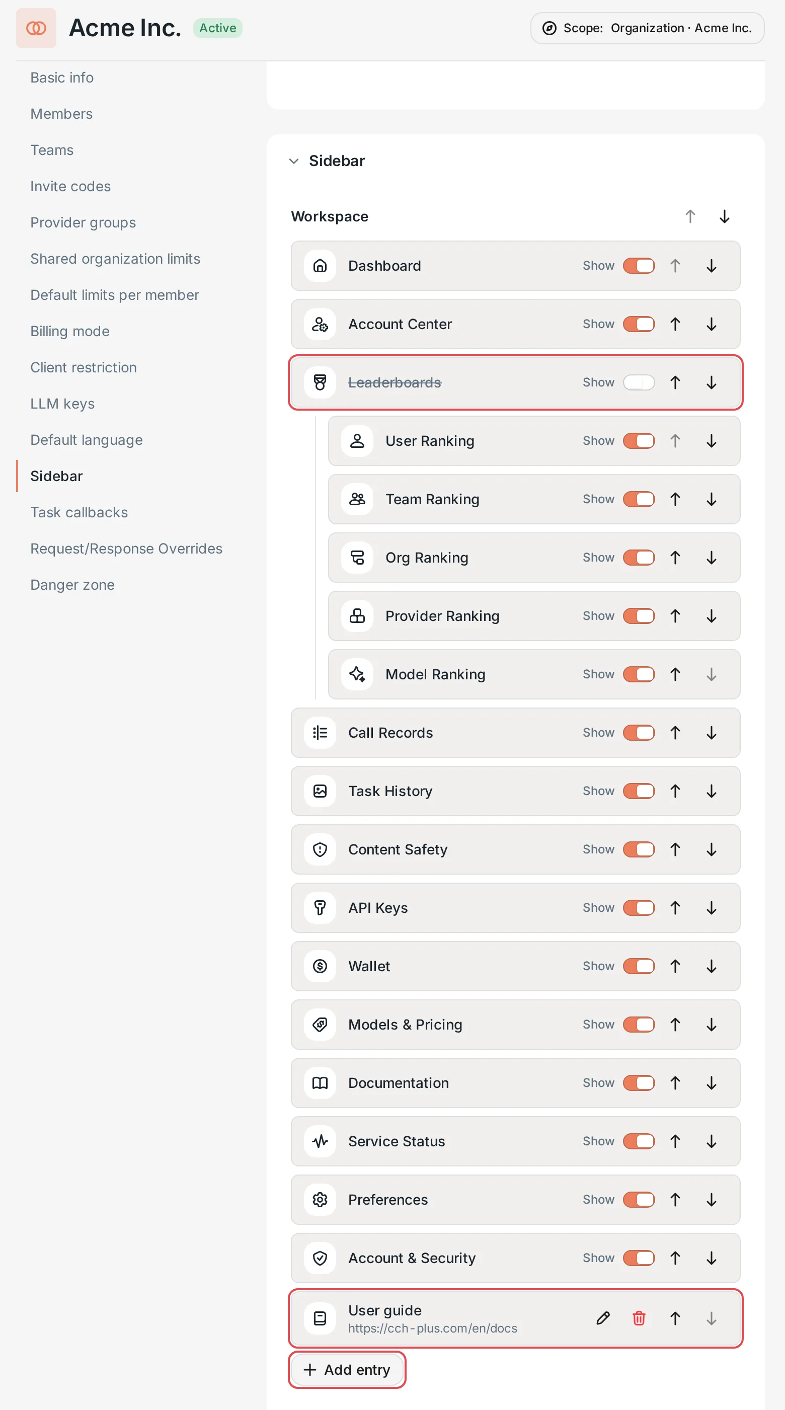 Organization settings page: the Sidebar section, with a hidden entry and a custom entry