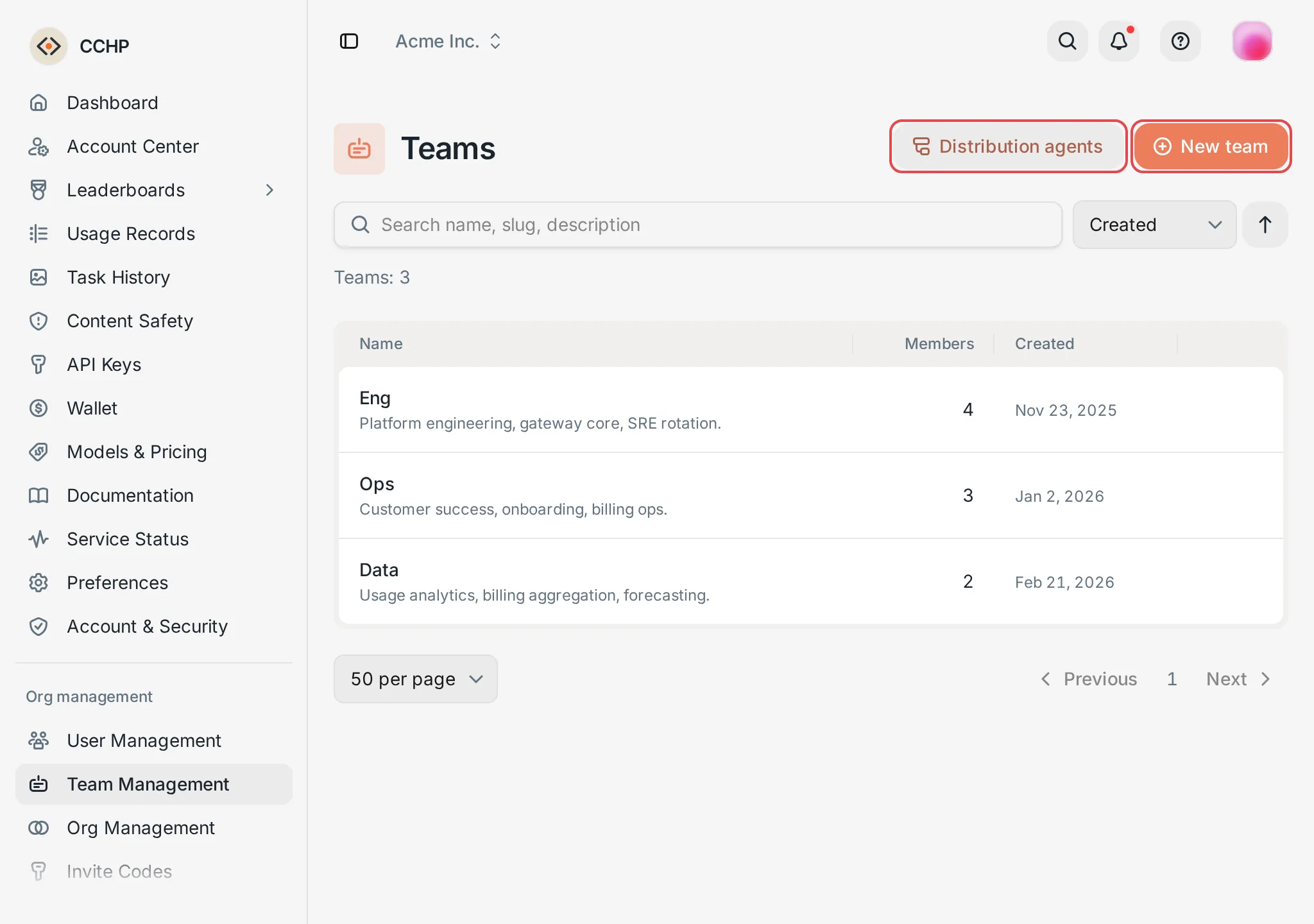 Team Management: the New team and Distribution agents buttons