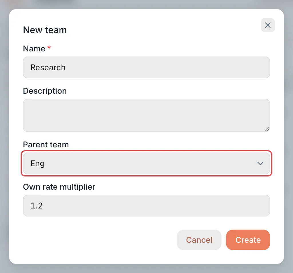 New team dialog: name, parent team, and multiplier