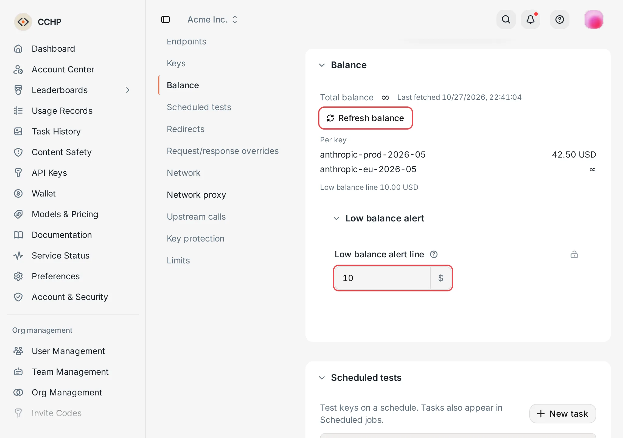 Provider details: Total balance and Low balance alert line