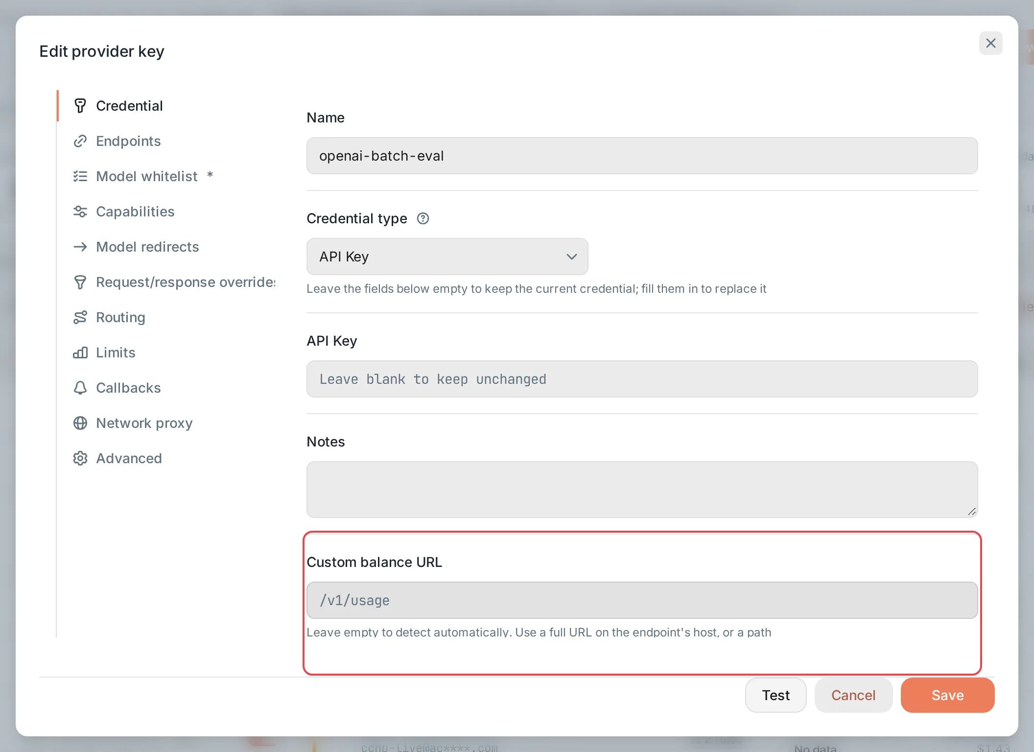 Edit provider key: Custom balance URL