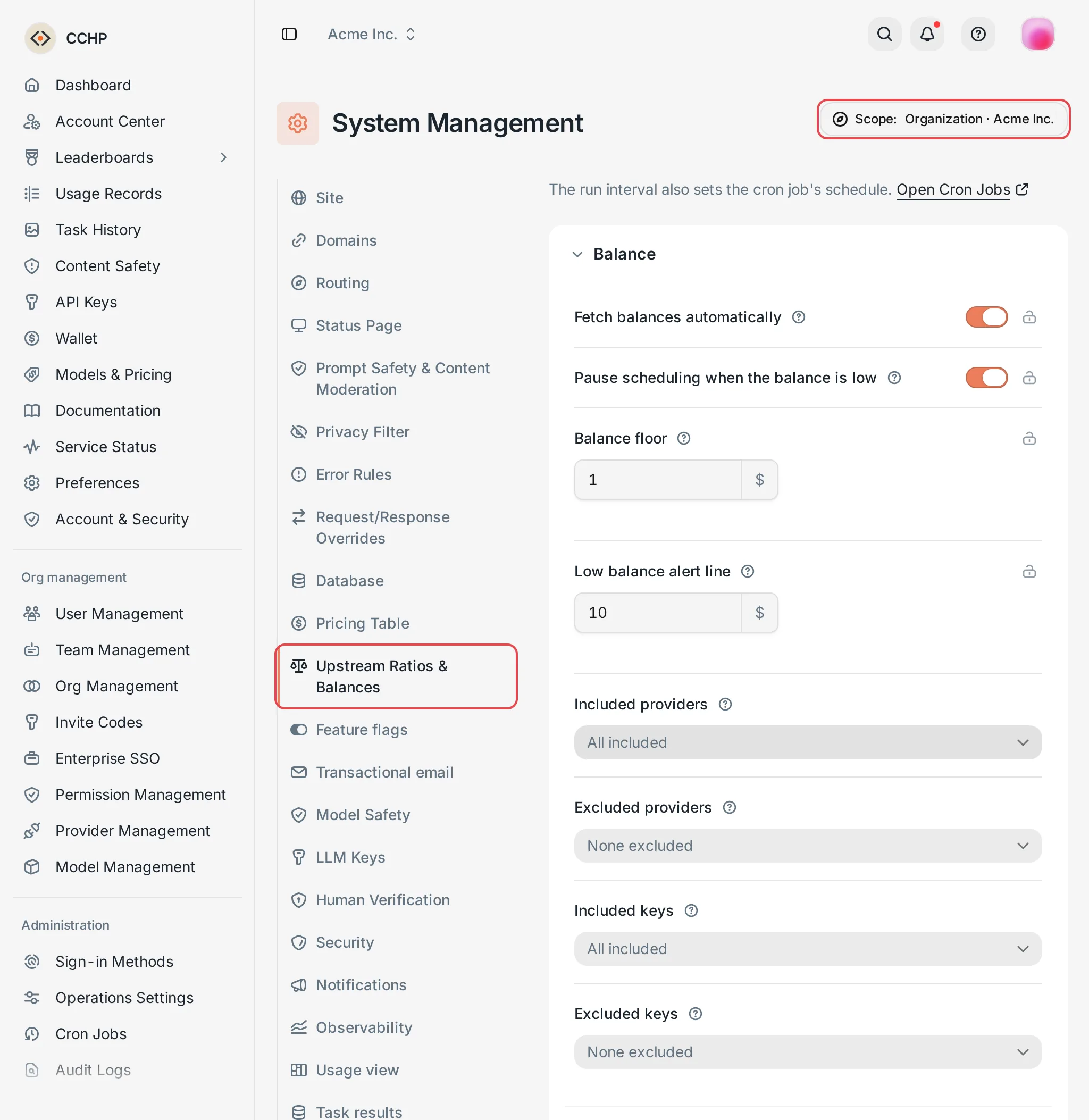Upstream Ratios & Balances: organization-scope settings and lists
