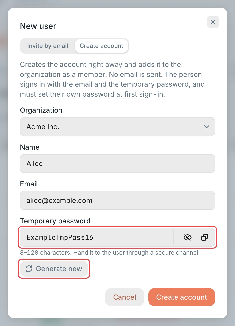 New user: Create account and the temporary password