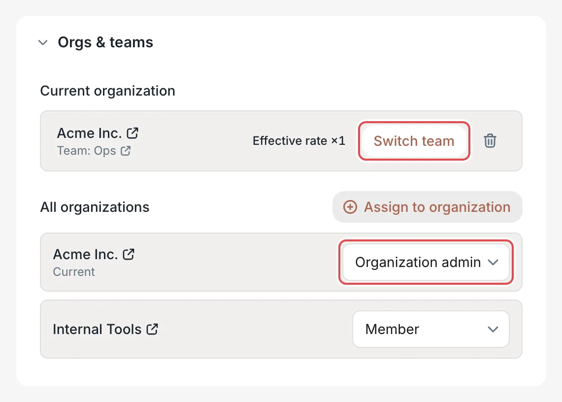 User details: the Orgs & teams section
