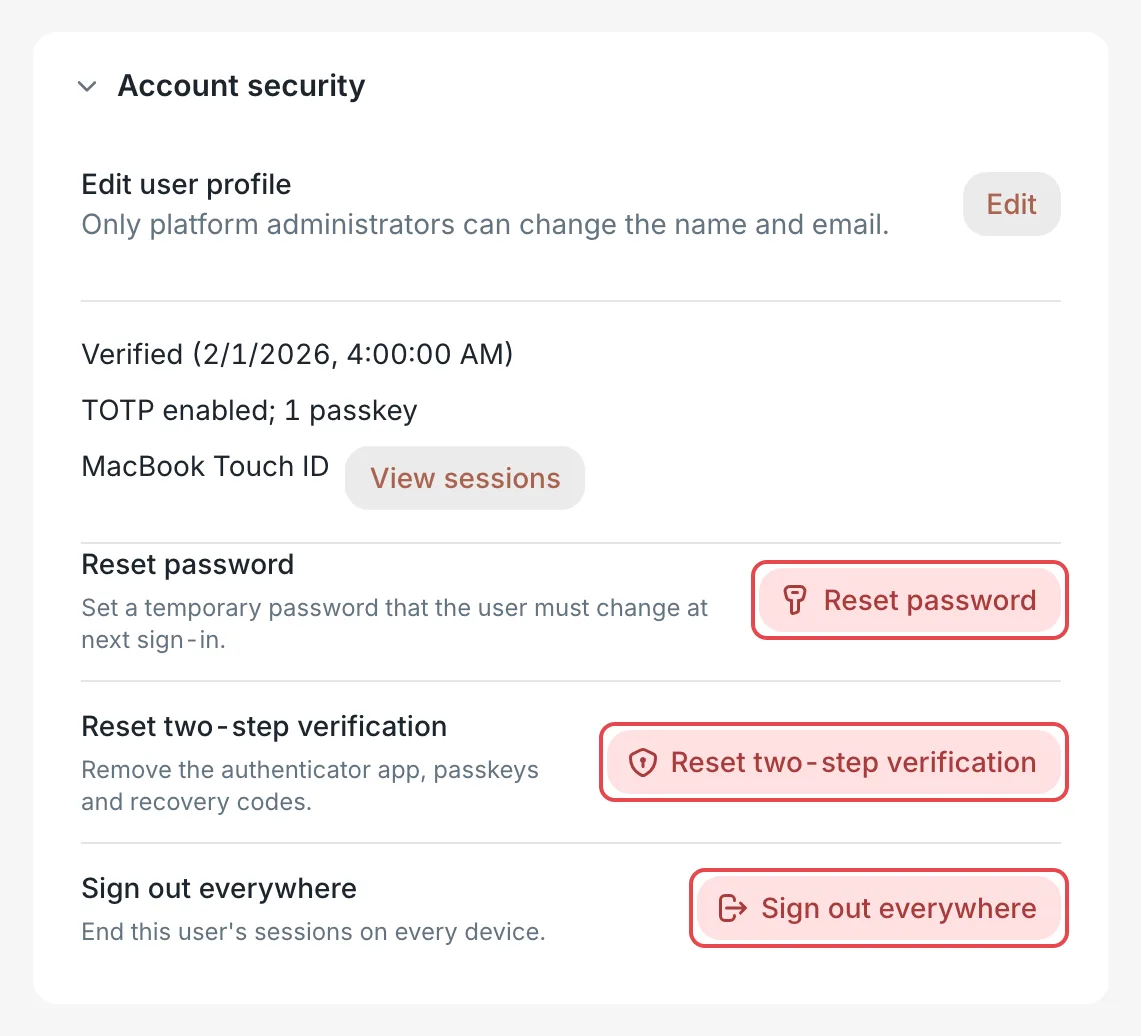 User details: the Account security section